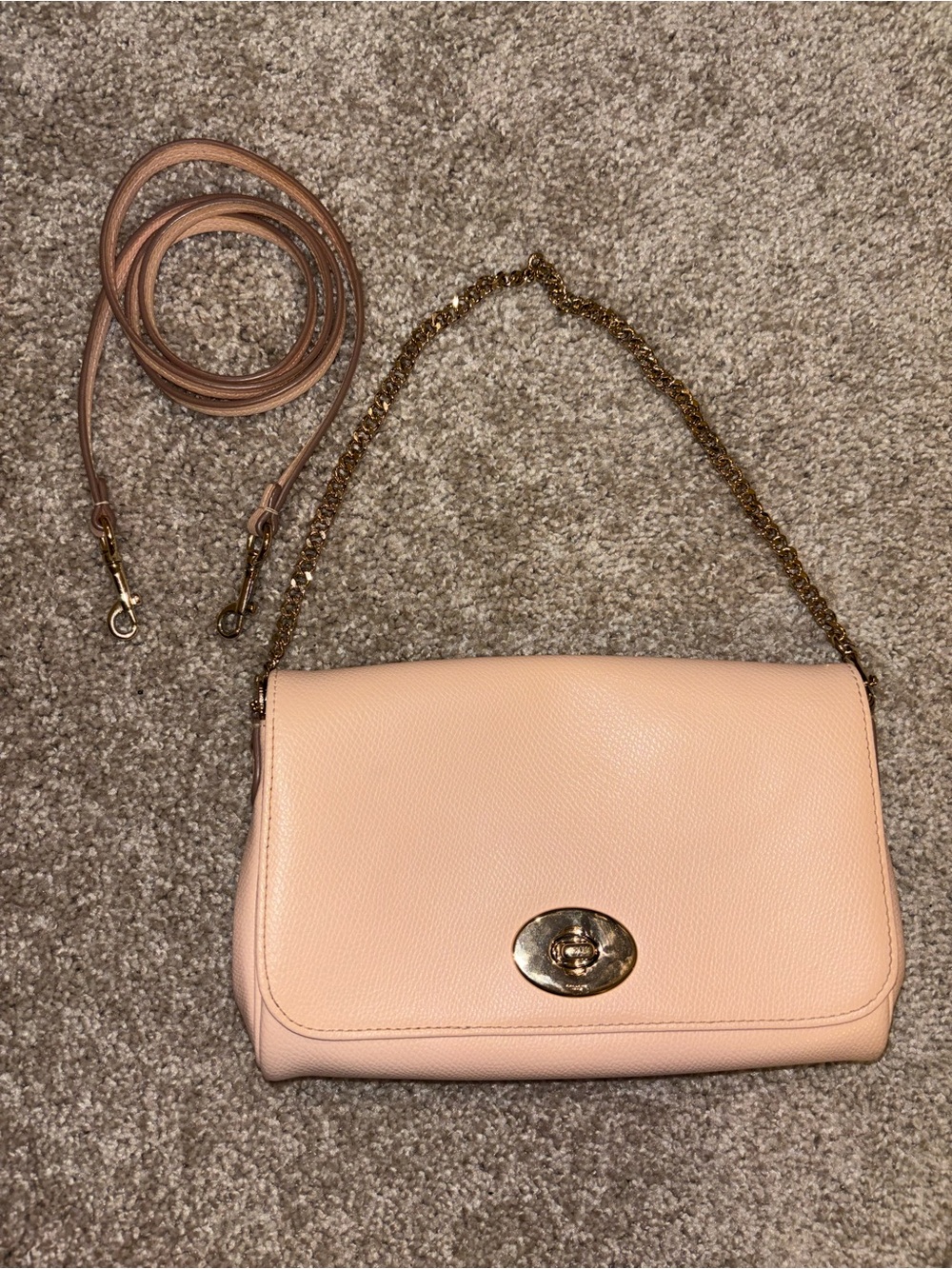 Peach colored Coach Pebbled Leather Shoulder Bag with Gold Chain